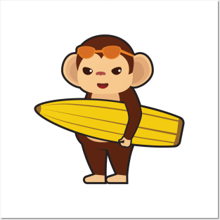 Monkey as Surfer with Surfboard Posters and Art